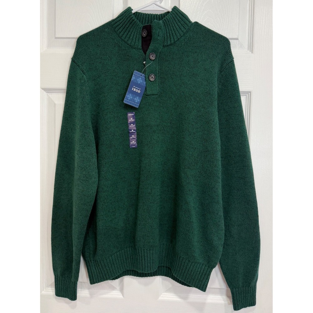 IZOD Mens M Forest Green Mock Neck 3 Button Pullover Sweater NWT